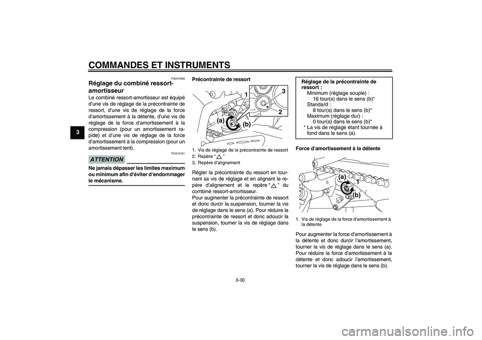YAMAHA YZF-R1 2009  Notices Demploi (in French) COMMANDES ET INSTRUMENTS
3-30
3
FAU47290
Réglage du combiné ressort-
amortisseur Le combiné ressort-amortisseur est équipé
d’une vis de réglage de la précontrainte de
ressort, d’une vis de 