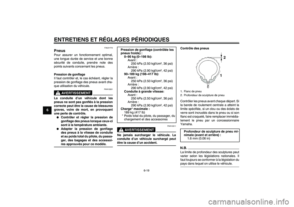 YAMAHA YZF-R1 2009  Notices Demploi (in French) ENTRETIENS ET RÉGLAGES PÉRIODIQUES
6-19
6
FAU21772
Pneus Pour assurer un fonctionnement optimal,
une longue durée de service et une bonne
sécurité de conduite, prendre note des
points suivants co