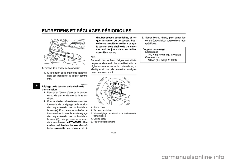 YAMAHA YZF-R1 2009  Notices Demploi (in French) ENTRETIENS ET RÉGLAGES PÉRIODIQUES
6-25
6
4. Si la tension de la chaîne de transmis-
sion est incorrecte, la régler comme
suit.
FAU34314
Réglage de la tension de la chaîne de 
transmission
1. De