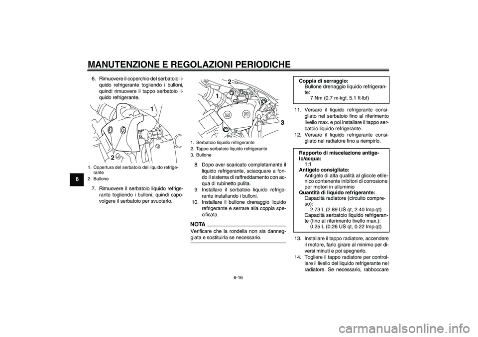 YAMAHA YZF-R1 2009  Manuale duso (in Italian) MANUTENZIONE E REGOLAZIONI PERIODICHE
6-16
6
6. Rimuovere il coperchio del serbatoio li-
quido refrigerante togliendo i bulloni,
quindi rimuovere il tappo serbatoio li-
quido refrigerante.
7. Rimuover