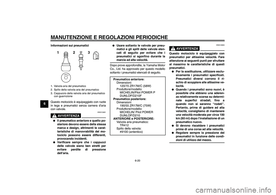 YAMAHA YZF-R1 2009  Manuale duso (in Italian) MANUTENZIONE E REGOLAZIONI PERIODICHE
6-20
6
Informazioni sui pneumatici
Questo motociclo è equipaggiato con ruote
in lega e pneumatici senza camera d’aria
con valvole.
AVVERTENZA
HWA10481

Il pne