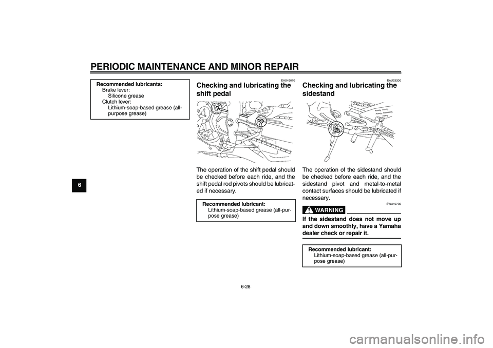 YAMAHA YZF-R1 2008 Manual PDF PERIODIC MAINTENANCE AND MINOR REPAIR
6-28
6
EAU43070
Checking and lubricating the 
shift pedal The operation of the shift pedal should
be checked before each ride, and the
shift pedal rod pivots shou