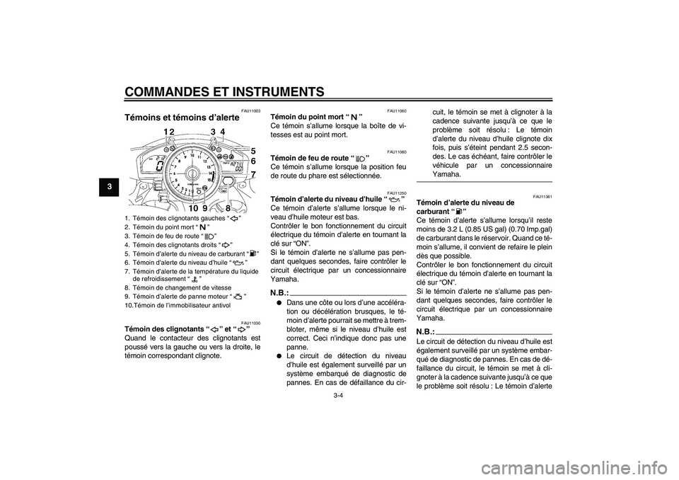 YAMAHA YZF-R1 2008  Notices Demploi (in French) COMMANDES ET INSTRUMENTS
3-4
3
FAU11003
Témoins et témoins d’alerte 
FAU11030
Témoin des clignotants“” et“” 
Quand le contacteur des clignotants est
poussé vers la gauche ou vers la droi