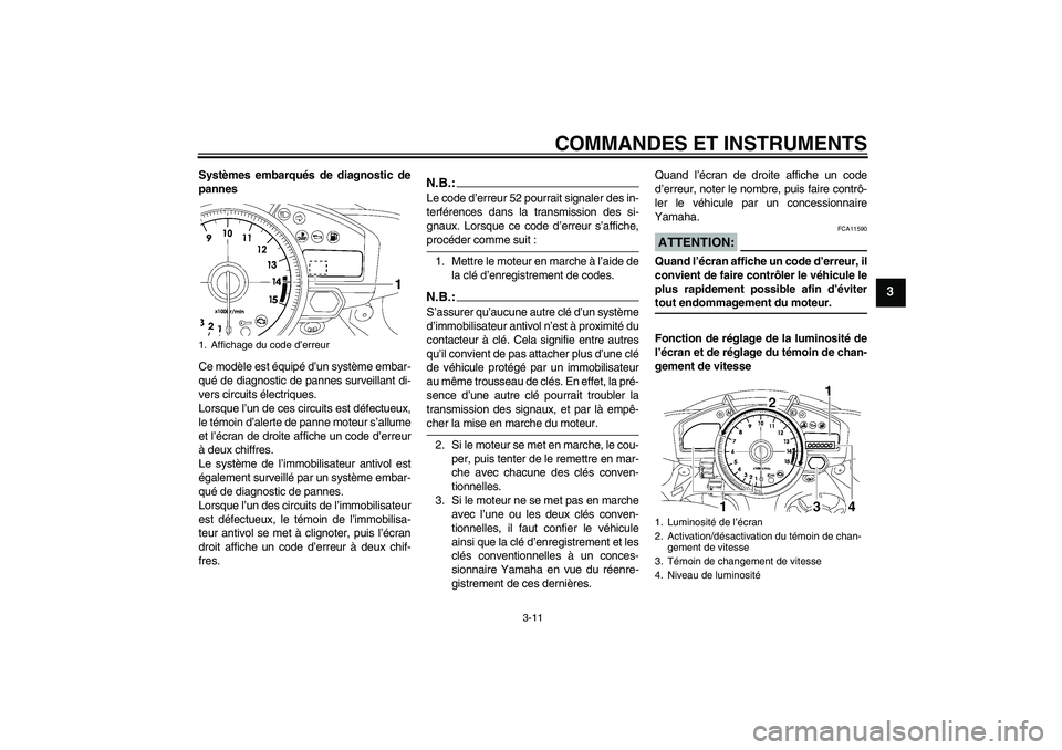 YAMAHA YZF-R1 2008  Notices Demploi (in French) COMMANDES ET INSTRUMENTS
3-11
3
Systèmes embarqués de diagnostic de
pannes
Ce modèle est équipé d’un système embar-
qué de diagnostic de pannes surveillant di-
vers circuits électriques.
Lor
