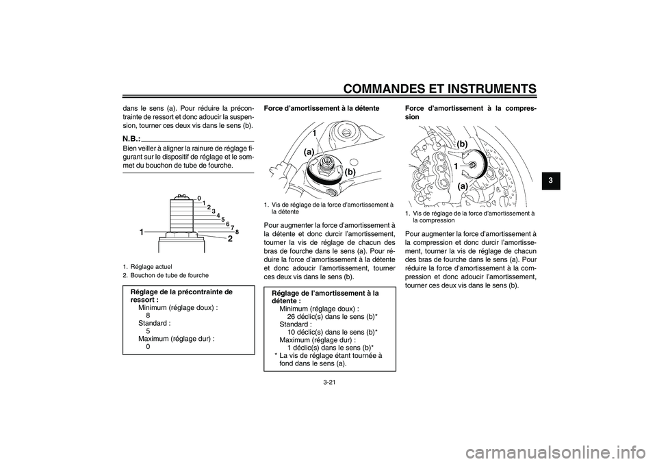 YAMAHA YZF-R1 2008 Notices Demploi (in French) COMMANDES ET INSTRUMENTS
3-21
3
dans le sens (a). Pour réduire la précon-
trainte de ressort et donc adoucir la suspen-
sion, tourner ces deux vis dans le sens (b).N.B.:Bien veiller à aligner la ra YAMAHA YZF-R1 2008 Notices Demploi (in French) COMMANDES ET INSTRUMENTS
3-21
3
dans le sens (a). Pour réduire la précon-
trainte de ressort et donc adoucir la suspen-
sion, tourner ces deux vis dans le sens (b).N.B.:Bien veiller à aligner la ra
