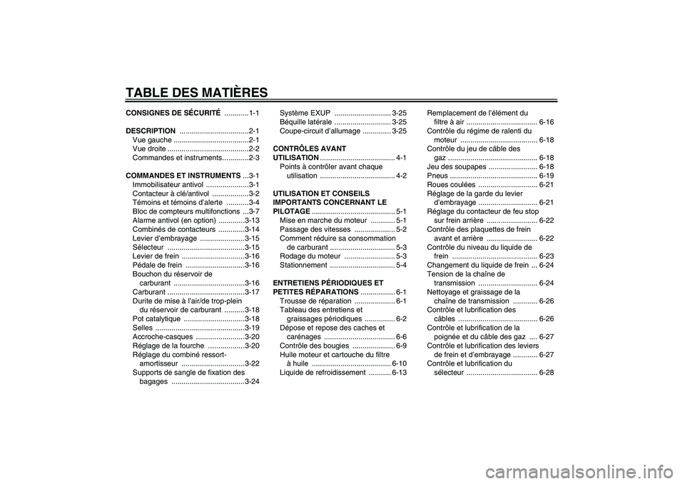 YAMAHA YZF-R1 2008  Notices Demploi (in French) TABLE DES MATIÈRESCONSIGNES DE SÉCURITÉ ............1-1
DESCRIPTION ..................................2-1
Vue gauche .....................................2-1
Vue droite ............................