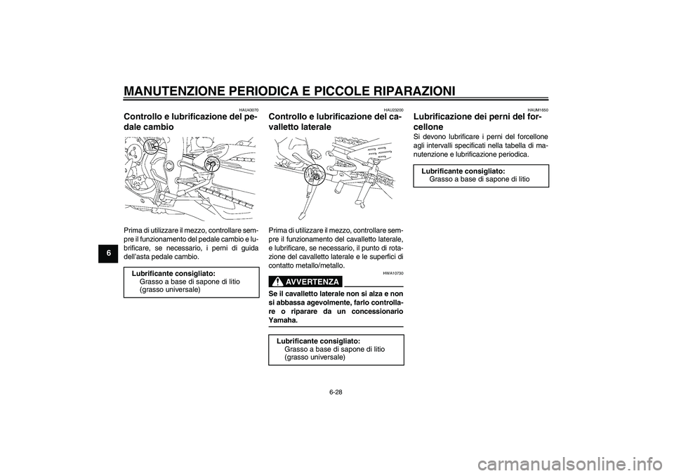 YAMAHA YZF-R1 2008  Manuale duso (in Italian) MANUTENZIONE PERIODICA E PICCOLE RIPARAZIONI
6-28
6
HAU43070
Controllo e lubrificazione del pe-
dale cambio Prima di utilizzare il mezzo, controllare sem-
pre il funzionamento del pedale cambio e lu-

