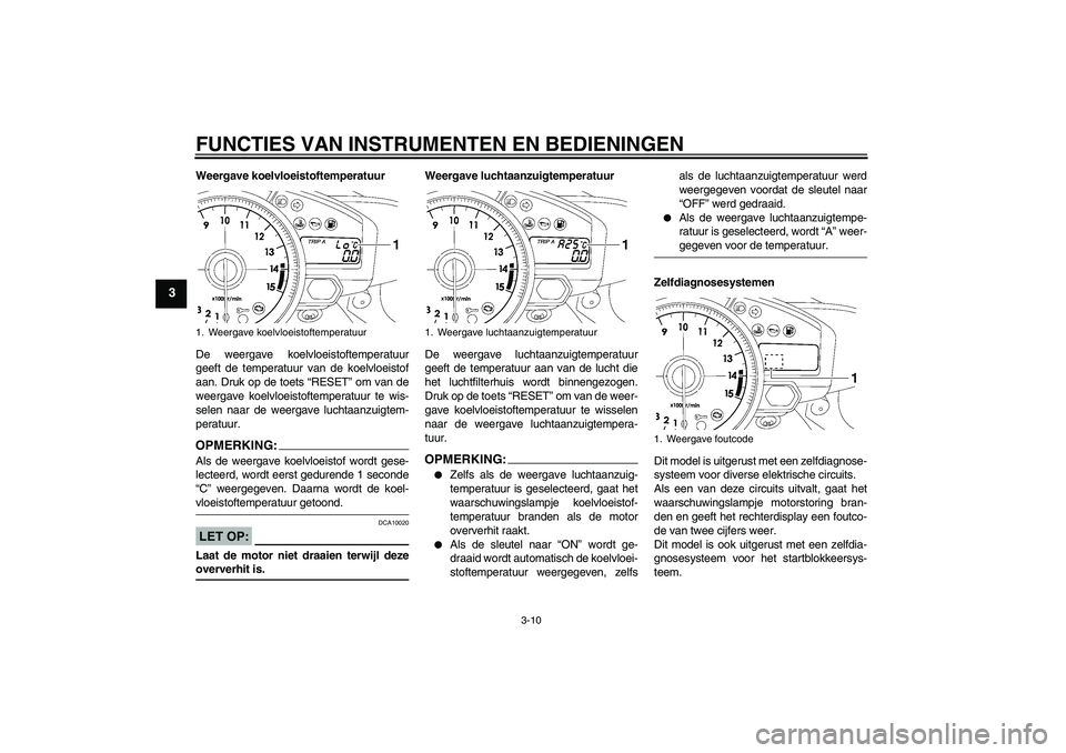 YAMAHA YZF-R1 2008  Instructieboekje (in Dutch) FUNCTIES VAN INSTRUMENTEN EN BEDIENINGEN
3-10
3
Weergave koelvloeistoftemperatuur
De weergave koelvloeistoftemperatuur
geeft de temperatuur van de koelvloeistof
aan. Druk op de toets “RESET” om va