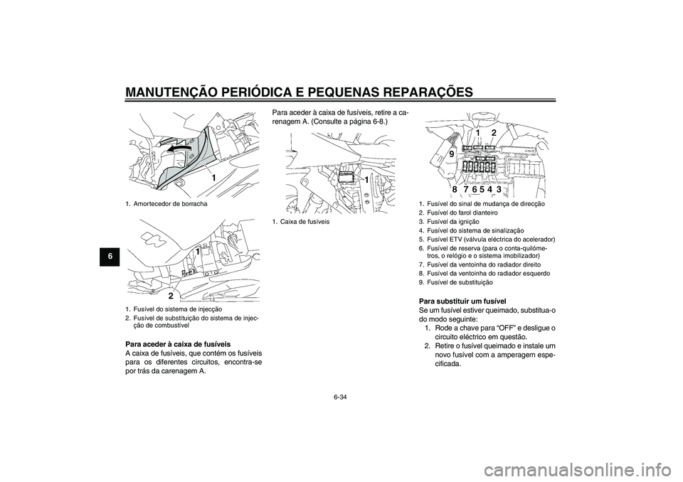 YAMAHA YZF-R1 2008 Manual de utilização (in Portuguese) MANUTENÇÃO PERIÓDICA E PEQUENAS REPARAÇÕES
6-34
6
Para aceder à caixa de fusíveis
A caixa de fusíveis, que contém os fusíveis
para os diferentes circuitos, encontra-se
por trás da carenagem YAMAHA YZF-R1 2008 Manual de utilização (in Portuguese) MANUTENÇÃO PERIÓDICA E PEQUENAS REPARAÇÕES
6-34
6
Para aceder à caixa de fusíveis
A caixa de fusíveis, que contém os fusíveis
para os diferentes circuitos, encontra-se
por trás da carenagem