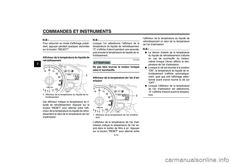 YAMAHA YZF-R1 2007  Notices Demploi (in French) COMMANDES ET INSTRUMENTS
3-10
3
N.B.:Pour retourner au mode d’affichage précé-
dent, appuyer pendant quelques secondessur le bouton “SELECT”.
Afficheur de la température du liquide de
refroid