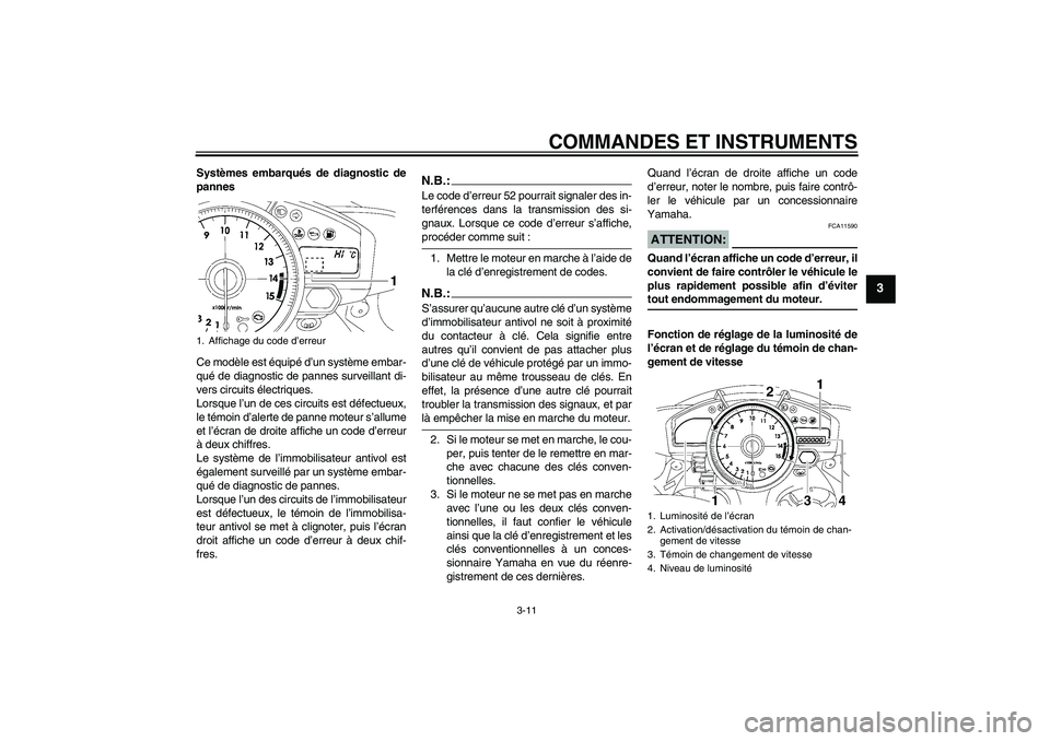 YAMAHA YZF-R1 2007  Notices Demploi (in French) COMMANDES ET INSTRUMENTS
3-11
3
Systèmes embarqués de diagnostic de
pannes
Ce modèle est équipé d’un système embar-
qué de diagnostic de pannes surveillant di-
vers circuits électriques.
Lor