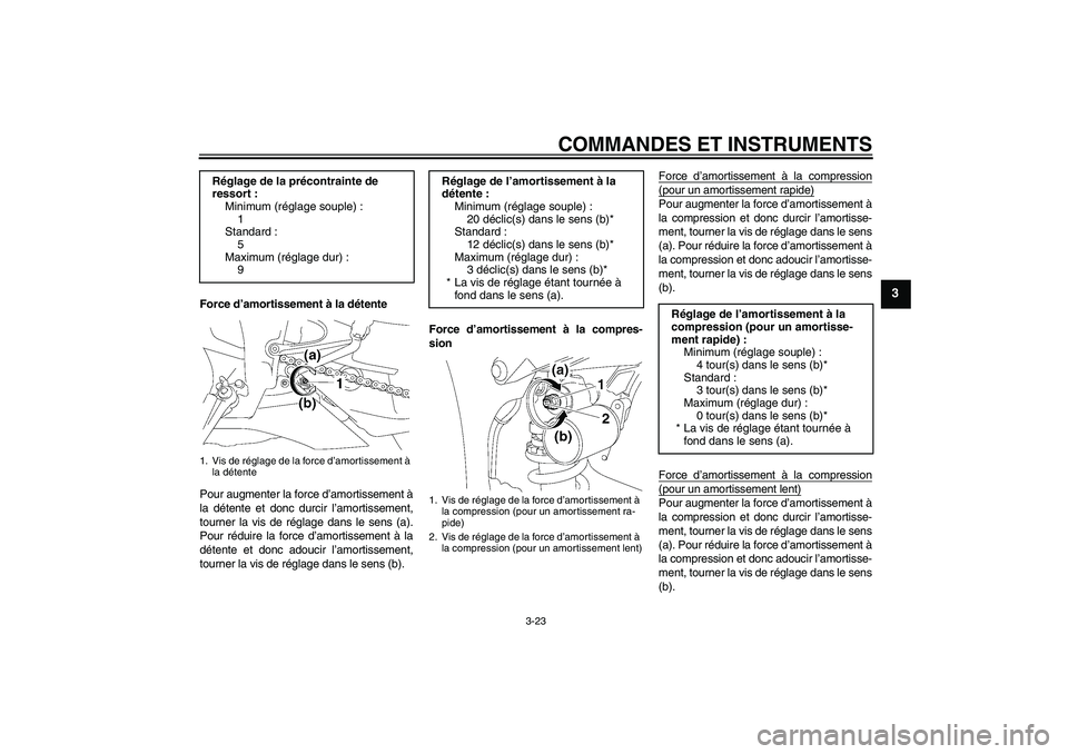 YAMAHA YZF-R1 2007 Notices Demploi (in French) COMMANDES ET INSTRUMENTS
3-23
3
Force d’amortissement à la détente
Pour augmenter la force d’amortissement à
la détente et donc durcir l’amortissement,
tourner la vis de réglage dans le sen YAMAHA YZF-R1 2007 Notices Demploi (in French) COMMANDES ET INSTRUMENTS
3-23
3
Force d’amortissement à la détente
Pour augmenter la force d’amortissement à
la détente et donc durcir l’amortissement,
tourner la vis de réglage dans le sen