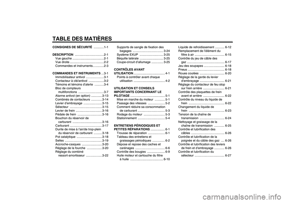 YAMAHA YZF-R1 2007  Notices Demploi (in French) TABLE DES MATIÈRESCONSIGNES DE SÉCURITÉ ............1-1
DESCRIPTION ..................................2-1
Vue gauche .....................................2-1
Vue droite ............................