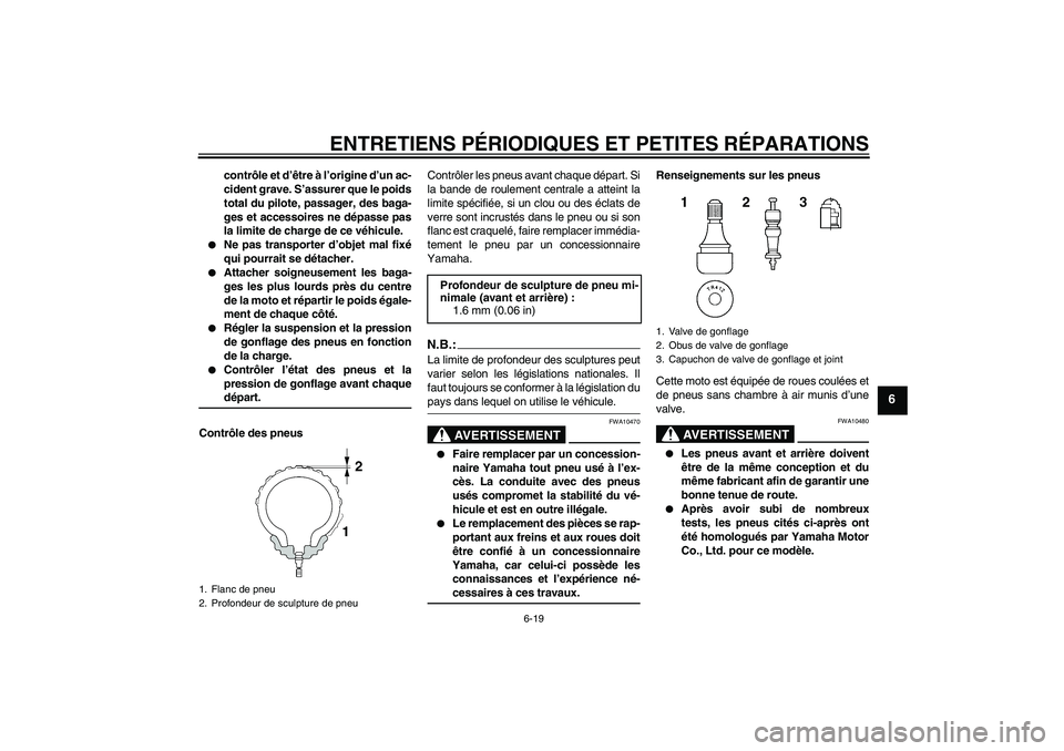 YAMAHA YZF-R1 2007  Notices Demploi (in French) ENTRETIENS PÉRIODIQUES ET PETITES RÉPARATIONS
6-19
6
contrôle et d’être à l’origine d’un ac-
cident grave. S’assurer que le poids
total du pilote, passager, des baga-
ges et accessoires n