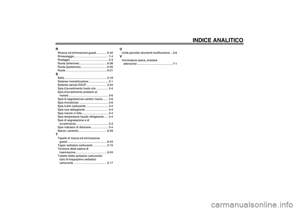 YAMAHA YZF-R1 2007  Manuale duso (in Italian) INDICE ANALITICO
RRicerca ed eliminazione guasti ............. 6-42
Rimessaggio ........................................... 7-4
Rodaggio ................................................ 5-3
Ruota (ant