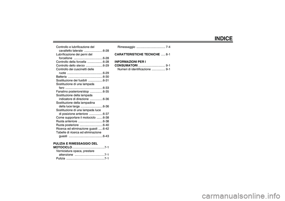 YAMAHA YZF-R1 2007  Manuale duso (in Italian) INDICE
Controllo e lubrificazione del 
cavalletto laterale  ...................... 6-28
Lubrificazione dei perni del 
forcellone .................................. 6-28
Controllo della forcella  .....