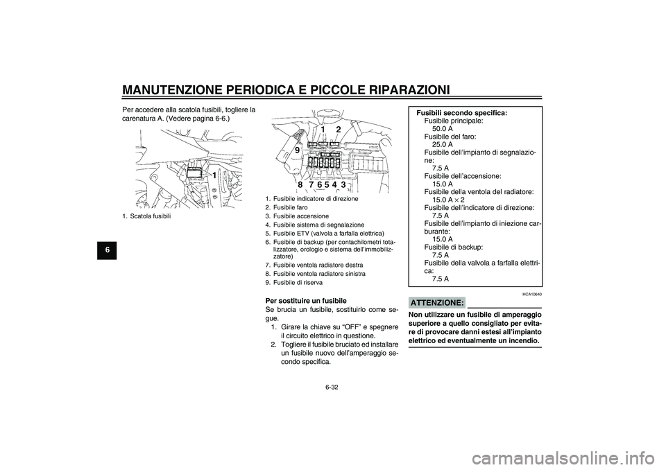YAMAHA YZF-R1 2007  Manuale duso (in Italian) MANUTENZIONE PERIODICA E PICCOLE RIPARAZIONI
6-32
6
Per accedere alla scatola fusibili, togliere la
carenatura A. (Vedere pagina 6-6.)
Per sostituire un fusibile
Se brucia un fusibile, sostituirlo com