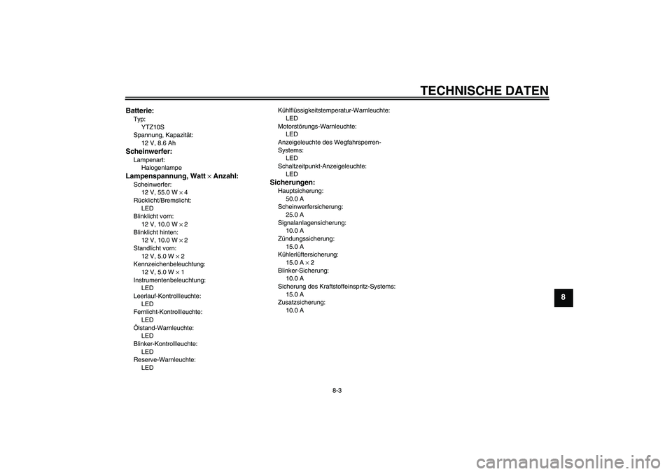 YAMAHA YZF-R1 2006  Betriebsanleitungen (in German) TECHNISCHE DATEN
8-3
8
Batterie:Typ:
YTZ10S
Spannung, Kapazität:
12 V, 8.6 AhScheinwerfer:Lampenart:
HalogenlampeLampenspannung, Watt × Anzahl:Scheinwerfer:
12 V, 55.0 W × 4
Rücklicht/Bremslicht:
