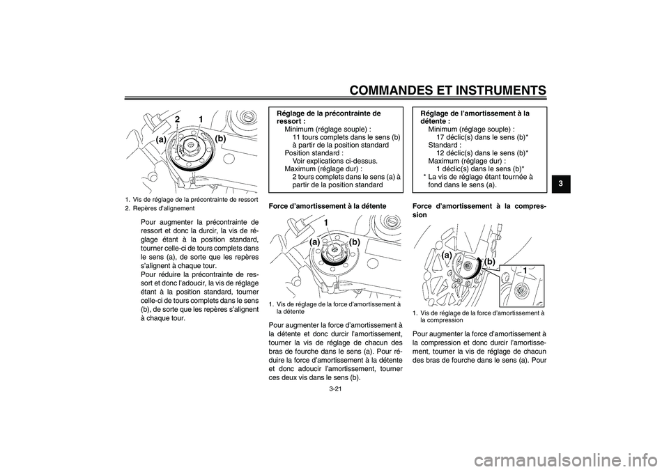 YAMAHA YZF-R1 2006 Notices Demploi (in French) COMMANDES ET INSTRUMENTS
3-21
3
Pour augmenter la précontrainte de
ressort et donc la durcir, la vis de ré-
glage étant à la position standard,
tourner celle-ci de tours complets dans
le sens (a), YAMAHA YZF-R1 2006 Notices Demploi (in French) COMMANDES ET INSTRUMENTS
3-21
3
Pour augmenter la précontrainte de
ressort et donc la durcir, la vis de ré-
glage étant à la position standard,
tourner celle-ci de tours complets dans
le sens (a),