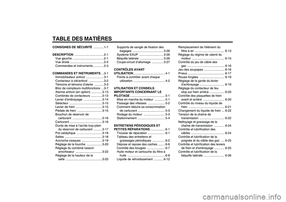 YAMAHA YZF-R1 2006  Notices Demploi (in French) TABLE DES MATIÈRESCONSIGNES DE SÉCURITÉ ............1-1
DESCRIPTION ..................................2-1
Vue gauche .....................................2-1
Vue droite ............................