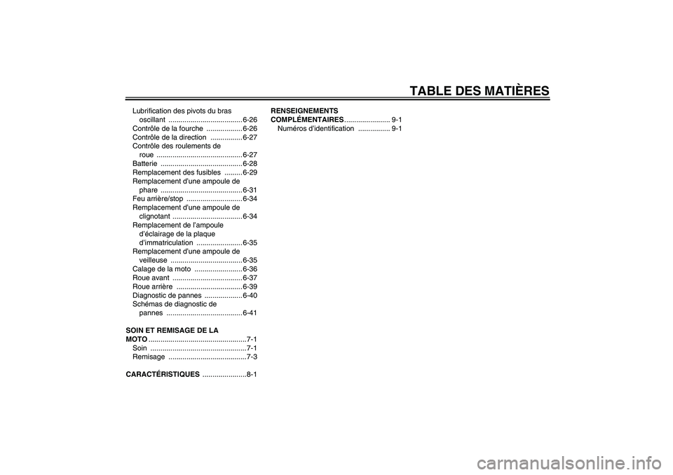 YAMAHA YZF-R1 2006  Notices Demploi (in French) TABLE DES MATIÈRES
Lubrification des pivots du bras 
oscillant ..................................... 6-26
Contrôle de la fourche  .................. 6-26
Contrôle de la direction  ................ 