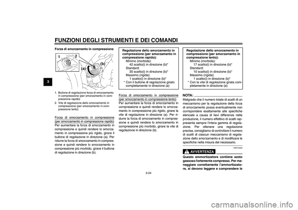 YAMAHA YZF-R1 2006 Manuale duso (in Italian) FUNZIONI DEGLI STRUMENTI E DEI COMANDI
3-24
3
Forza di smorzamento in compressione
Forza di smorzamento in compressione(per smorzamento in compressione rapido)Per aumentare la forza di smorzamento in
YAMAHA YZF-R1 2006 Manuale duso (in Italian) FUNZIONI DEGLI STRUMENTI E DEI COMANDI
3-24
3
Forza di smorzamento in compressione
Forza di smorzamento in compressione(per smorzamento in compressione rapido)Per aumentare la forza di smorzamento in