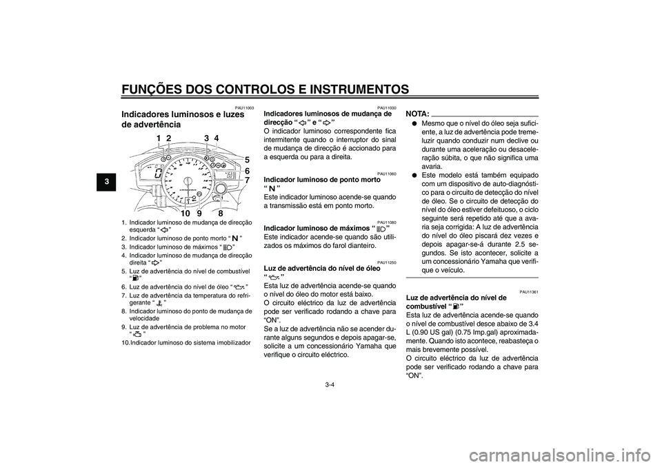 YAMAHA YZF-R1 2006  Manual de utilização (in Portuguese) FUNÇÕES DOS CONTROLOS E INSTRUMENTOS
3-4
3
PAU11003
Indicadores luminosos e luzes 
de advertência 
PAU11030
Indicadores luminosos de mudança de 
direcção “” e “” 
O indicador luminoso co