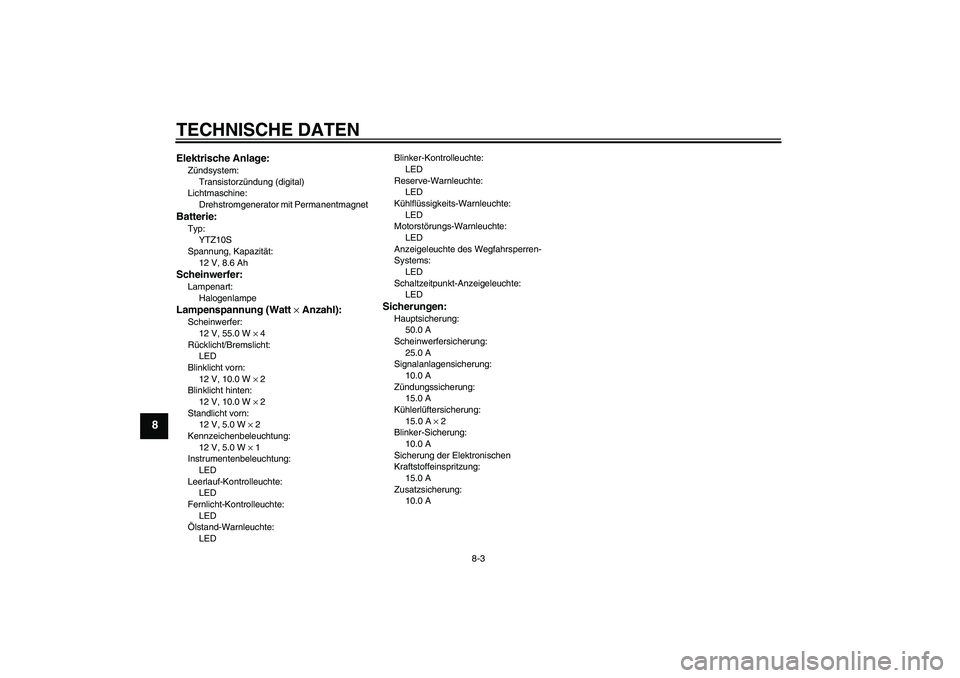 YAMAHA YZF-R1 2005  Betriebsanleitungen (in German) TECHNISCHE DATEN
8-3
8
Elektrische Anlage:Zündsystem:
Transistorzündung (digital)
Lichtmaschine:
Drehstromgenerator mit PermanentmagnetBatterie:Typ:
YTZ10S
Spannung, Kapazität:
12 V, 8.6 AhScheinwe