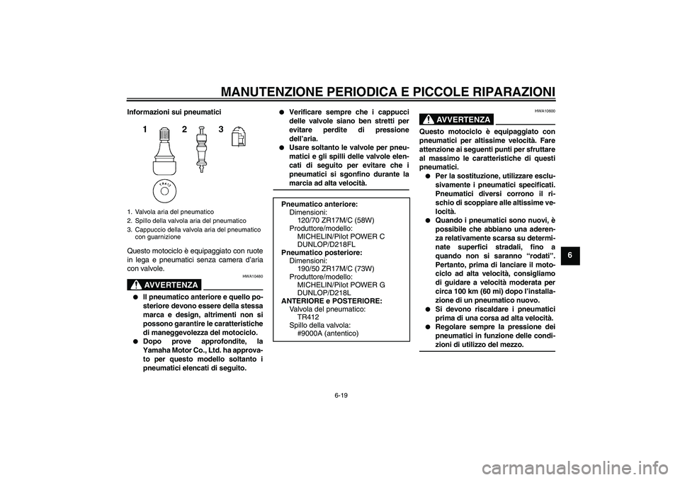 YAMAHA YZF-R1 2005  Manuale duso (in Italian) MANUTENZIONE PERIODICA E PICCOLE RIPARAZIONI
6-19
6
Informazioni sui pneumatici
Questo motociclo è equipaggiato con ruote
in lega e pneumatici senza camera d’aria
con valvole.
AVVERTENZA
HWA10480
