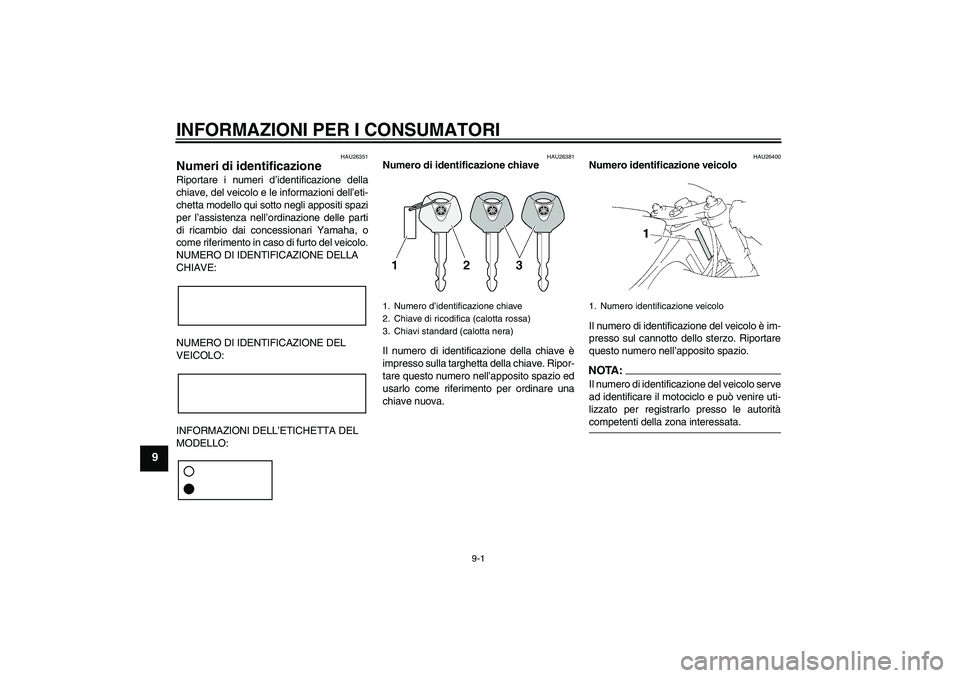 YAMAHA YZF-R1 2005 Manuale duso (in Italian) INFORMAZIONI PER I CONSUMATORI
9-1
9
HAU26351
Numeri di identificazione Riportare i numeri d’identificazione della
chiave, del veicolo e le informazioni dell’eti-
chetta modello qui sotto negli ap YAMAHA YZF-R1 2005 Manuale duso (in Italian) INFORMAZIONI PER I CONSUMATORI
9-1
9
HAU26351
Numeri di identificazione Riportare i numeri d’identificazione della
chiave, del veicolo e le informazioni dell’eti-
chetta modello qui sotto negli ap