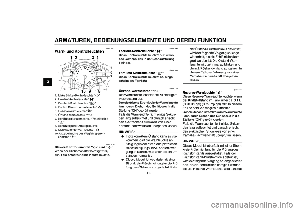YAMAHA YZF-R1 2004  Betriebsanleitungen (in German) ARMATUREN, BEDIENUNGSELEMENTE UND DEREN FUNKTION
3-4
3
GAU11001
Warn- und Kontrolleuchten 
GAU11030
Blinker-Kontrolleuchten “” und “” 
Wenn der Blinkerschalter betätigt wird, 
blinkt die ents