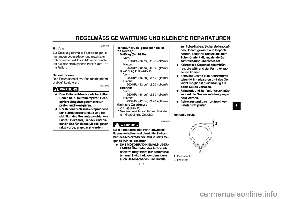 YAMAHA YZF-R1 2004  Betriebsanleitungen (in German) REGELMÄSSIGE WARTUNG UND KLEINERE REPARATUREN
6-17
6
GAU21771
Reifen Zur Erzielung optimaler Fahrleistungen, ei-
ner langen Lebensdauer und maximaler 
Fahrsicherheit mit Ihrem Motorrad beach-
ten Sie