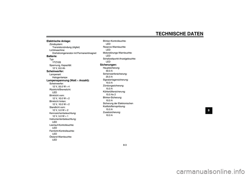 YAMAHA YZF-R1 2004 Betriebsanleitungen (in German) TECHNISCHE DATEN
8-3
8
Elektrische Anlage:Zündsystem:
Transistorzündung (digital)
Lichtmaschine:
Drehstromgenerator mit PermanentmagnetBatterie:Typ:
YTZ10S
Spannung, Kapazität:
12 V, 8.6 AhScheinwe YAMAHA YZF-R1 2004 Betriebsanleitungen (in German) TECHNISCHE DATEN
8-3
8
Elektrische Anlage:Zündsystem:
Transistorzündung (digital)
Lichtmaschine:
Drehstromgenerator mit PermanentmagnetBatterie:Typ:
YTZ10S
Spannung, Kapazität:
12 V, 8.6 AhScheinwe
