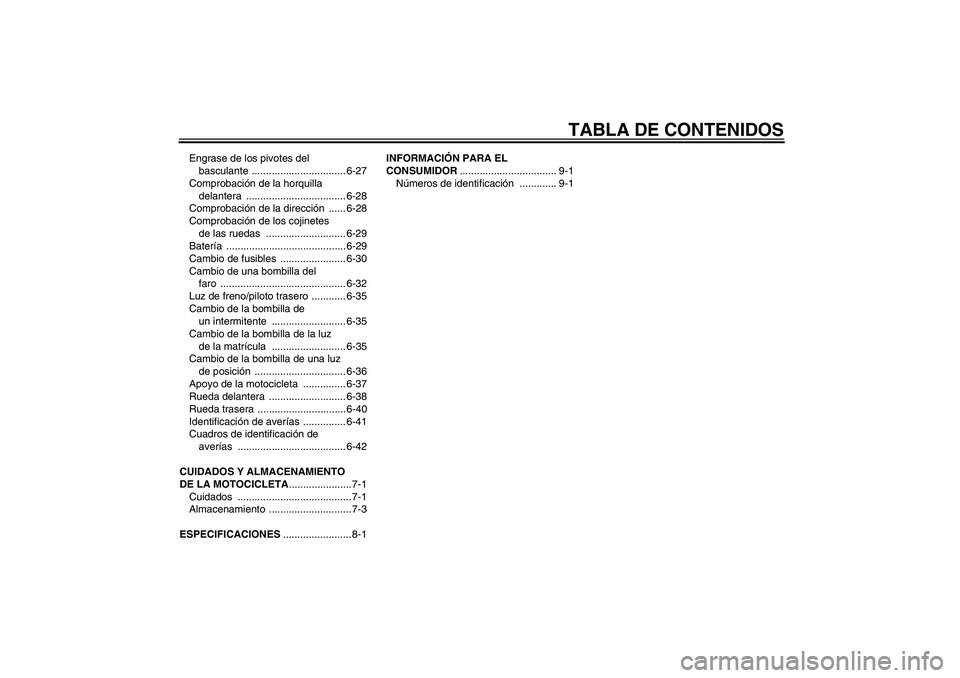 YAMAHA YZF-R1 2004  Manuale de Empleo (in Spanish) TABLA DE CONTENIDOS
Engrase de los pivotes del 
basculante ................................. 6-27
Comprobación de la horquilla 
delantera ................................... 6-28
Comprobación de la 