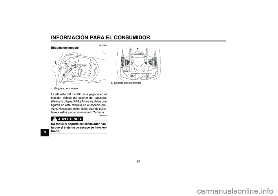 YAMAHA YZF-R1 2004  Manuale de Empleo (in Spanish) INFORMACIÓN PARA EL CONSUMIDOR
9-2
9
SAU33940
Etiqueta del modelo 
La etiqueta del modelo está pegada en el
bastidor debajo del asiento del pasajero.
(Véase la página 3-18.) Anote los datos que
fi