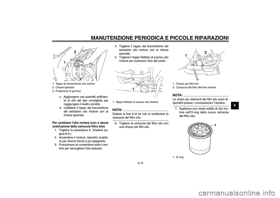 YAMAHA YZF-R1 2004  Manuale duso (in Italian) MANUTENZIONE PERIODICA E PICCOLE RIPARAZIONI
6-10
6
c. Aggiungere una quantità sufficien-
te di olio del tipo consigliato per
raggiungere il livello corretto.
d. Installare il tappo del bocchettone
d
