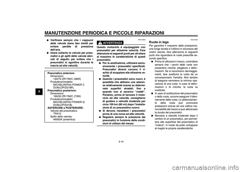 YAMAHA YZF-R1 2004  Manuale duso (in Italian) MANUTENZIONE PERIODICA E PICCOLE RIPARAZIONI
6-19
6

Verificare sempre che i cappucci
delle valvole siano ben stretti per
evitare perdite di pressione
dell’aria.

Usare soltanto le valvole per pne