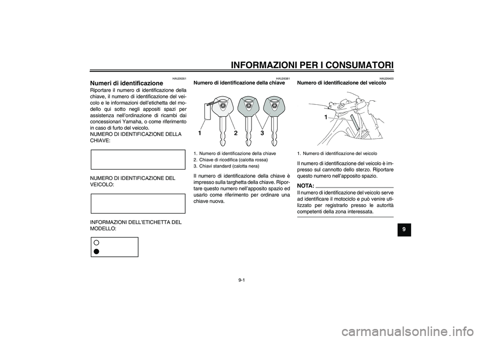 YAMAHA YZF-R1 2004 Manuale duso (in Italian) INFORMAZIONI PER I CONSUMATORI
9-1
9
HAU26351
Numeri di identificazione Riportare il numero di identificazione della
chiave, il numero di identificazione del vei-
colo e le informazioni dell’etichet YAMAHA YZF-R1 2004 Manuale duso (in Italian) INFORMAZIONI PER I CONSUMATORI
9-1
9
HAU26351
Numeri di identificazione Riportare il numero di identificazione della
chiave, il numero di identificazione del vei-
colo e le informazioni dell’etichet