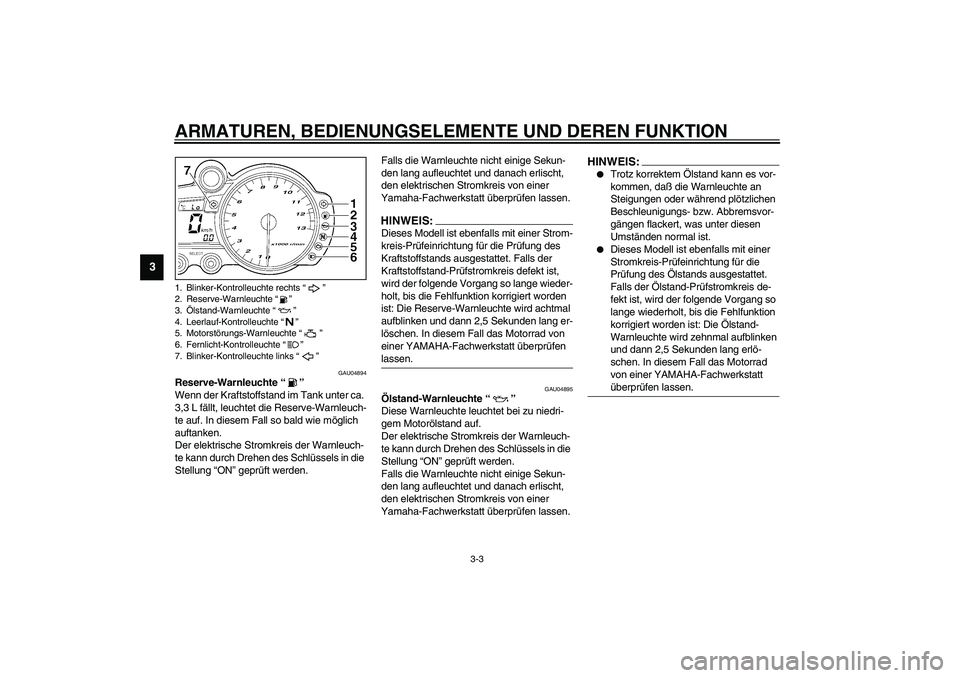 YAMAHA YZF-R1 2003 Betriebsanleitungen (in German) ARMATUREN, BEDIENUNGSELEMENTE UND DEREN FUNKTION
3-3
3
GAU04894
Reserve-Warnleuchte “”
Wenn der Kraftstoffstand im Tank unter ca.
3,3 L fällt, leuchtet die Reserve-Warnleuch-
te auf. In diesem YAMAHA YZF-R1 2003 Betriebsanleitungen (in German) ARMATUREN, BEDIENUNGSELEMENTE UND DEREN FUNKTION
3-3
3
GAU04894
Reserve-Warnleuchte “”
Wenn der Kraftstoffstand im Tank unter ca.
3,3 L fällt, leuchtet die Reserve-Warnleuch-
te auf. In diesem