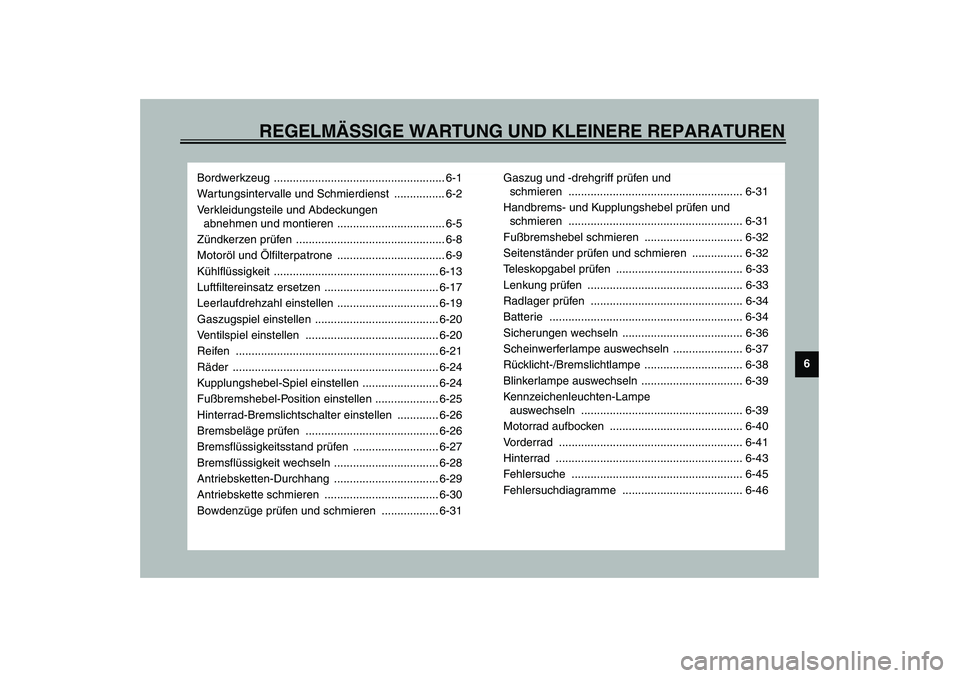 YAMAHA YZF-R1 2003  Betriebsanleitungen (in German) REGELMÄSSIGE WARTUNG UND KLEINERE REPARATUREN
6
Bordwerkzeug ...................................................... 6-1
Wartungsintervalle und Schmierdienst  ................ 6-2
Verkleidungsteile un