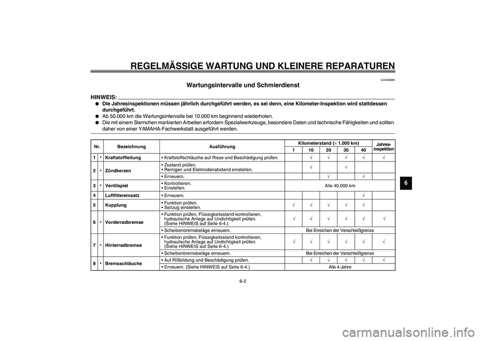 YAMAHA YZF-R1 2003  Betriebsanleitungen (in German) REGELMÄSSIGE WARTUNG UND KLEINERE REPARATUREN
6-2
6
GAU03685
Wartungsintervalle und Schmierdienst 
HINWEIS:_ 
Die Jahresinspektionen müssen jährlich durchgeführt werden, es sei denn, eine Kilomet