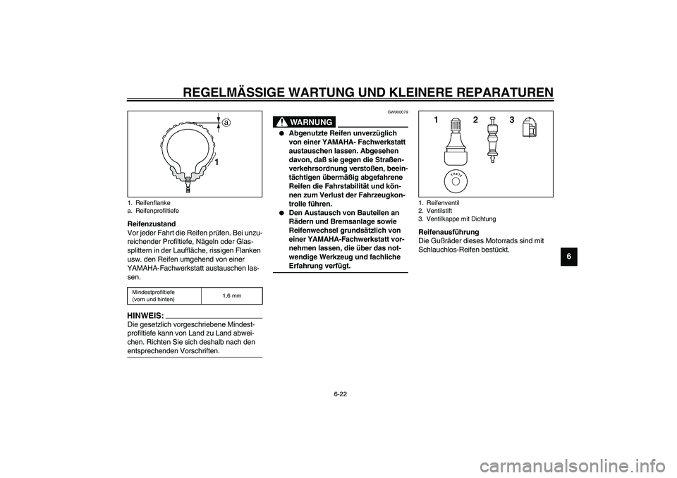 YAMAHA YZF-R1 2003  Betriebsanleitungen (in German) REGELMÄSSIGE WARTUNG UND KLEINERE REPARATUREN
6-22
6
Reifenzustand
Vor jeder Fahrt die Reifen prüfen. Bei unzu-
reichender Profiltiefe, Nägeln oder Glas-
splittern in der Lauffläche, rissigen Flan