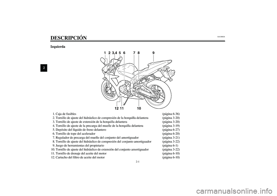 YAMAHA YZF-R1 2003 Manuale de Empleo (in Spanish) 2-1
2
SAU00026
2-DESCRIPCIÓN Izquierda1. Caja de fusibles (página 6-36)
2. Tornillo de ajuste del hidráulico de compresión de la horquilla delantera (página 3-20)
3. Tornillo de ajuste de extensi YAMAHA YZF-R1 2003 Manuale de Empleo (in Spanish) 2-1
2
SAU00026
2-DESCRIPCIÓN Izquierda1. Caja de fusibles (página 6-36)
2. Tornillo de ajuste del hidráulico de compresión de la horquilla delantera (página 3-20)
3. Tornillo de ajuste de extensi