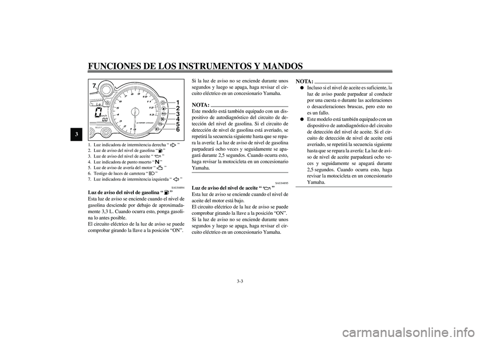 YAMAHA YZF-R1 2003 Manuale de Empleo (in Spanish) FUNCIONES DE LOS INSTRUMENTOS Y MANDOS
3-3
3
SAU04894
Luz de aviso del nivel de gasolina “”
Esta luz de aviso se enciende cuando el nivel de
gasolina desciende por debajo de aproximada-
mente 3,3 YAMAHA YZF-R1 2003 Manuale de Empleo (in Spanish) FUNCIONES DE LOS INSTRUMENTOS Y MANDOS
3-3
3
SAU04894
Luz de aviso del nivel de gasolina “”
Esta luz de aviso se enciende cuando el nivel de
gasolina desciende por debajo de aproximada-
mente 3,3