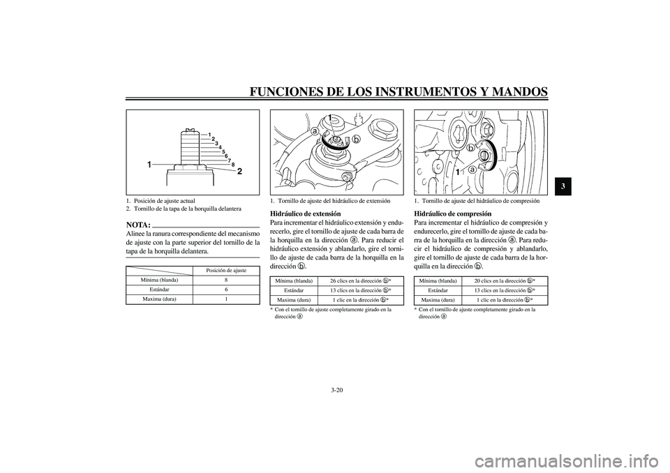 YAMAHA YZF-R1 2003  Manuale de Empleo (in Spanish) FUNCIONES DE LOS INSTRUMENTOS Y MANDOS
3-20
3
NOTA:_ Alinee la ranura correspondiente del mecanismo
de ajuste con la parte superior del tornillo de la
tapa de la horquilla delantera. _CI-10S
Hidráuli