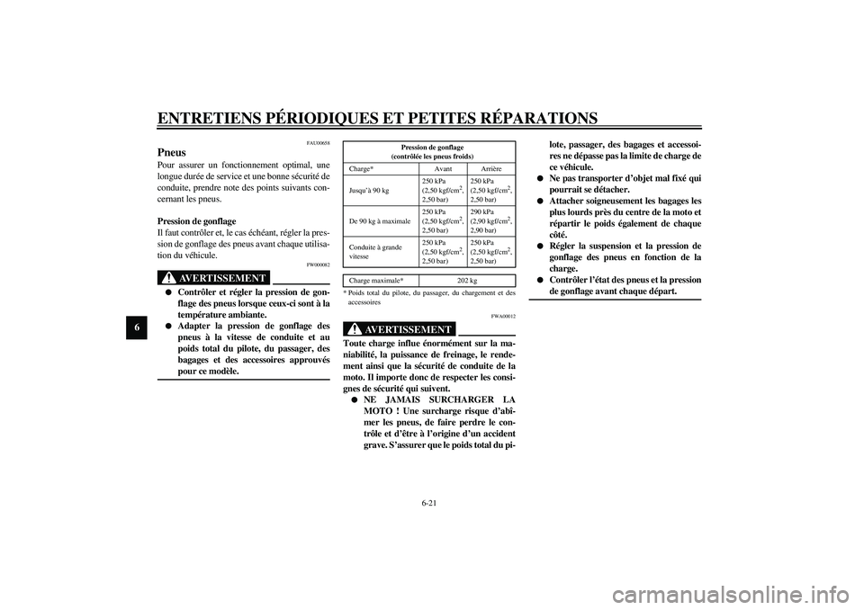 YAMAHA YZF-R1 2003  Notices Demploi (in French) ENTRETIENS PÉRIODIQUES ET PETITES RÉPARATIONS
6-21
6
FAU00658
Pneus Pour assurer un fonctionnement optimal, une
longue durée de service et une bonne sécurité de
conduite, prendre note des points 