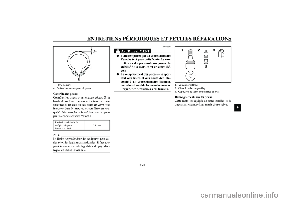 YAMAHA YZF-R1 2003  Notices Demploi (in French) ENTRETIENS PÉRIODIQUES ET PETITES RÉPARATIONS
6-22
6
Contrôle des pneus
Contrôler les pneus avant chaque départ. Si la
bande de roulement centrale a atteint la limite
spécifiée, si un clou ou d