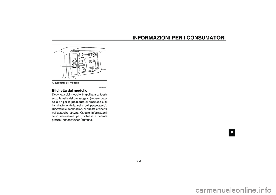 YAMAHA YZF-R1 2003  Manuale duso (in Italian) INFORMAZIONI PER I CONSUMATORI
9-2
9
HAU04490
Etichetta del modello L’etichetta del modello è applicata al telaio
sotto la sella del passeggero (vedere pagi-
na 3-17 per le procedure di rimozione e