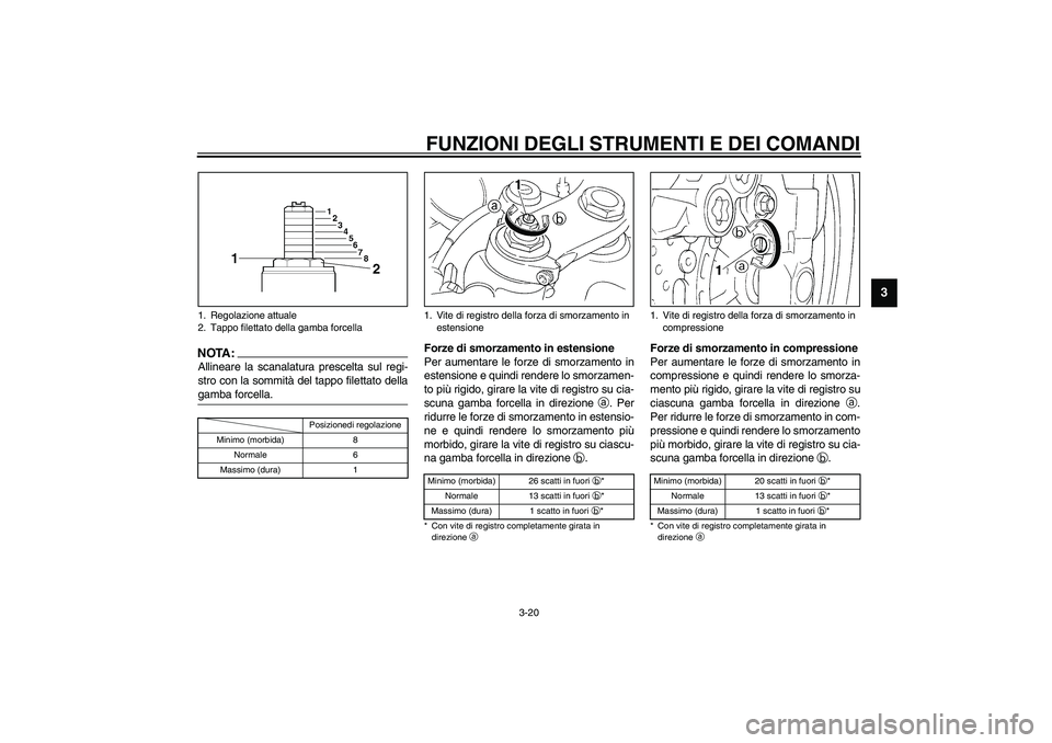 YAMAHA YZF-R1 2003  Manuale duso (in Italian) FUNZIONI DEGLI STRUMENTI E DEI COMANDI
3-20
3
NOTA:_ Allineare la scanalatura prescelta sul regi-
stro con la sommità del tappo filettato della
gamba forcella. _CI-10I
Forze di smorzamento in estensi