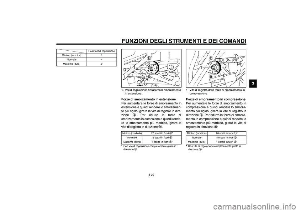 YAMAHA YZF-R1 2003  Manuale duso (in Italian) FUNZIONI DEGLI STRUMENTI E DEI COMANDI
3-22
3
CI-10I
Forze di smorzamento in estensione
Per aumentare le forze di smorzamento in
estensione e quindi rendere lo smorzamen-
to più rigido, girare la vit